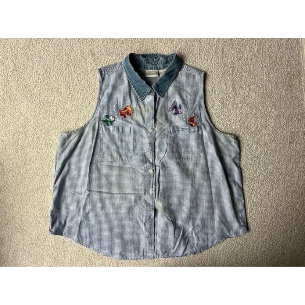 Vintage 90s Fashion Bug Blue Checkered Collared Top Embroidered Fish Women 26/28